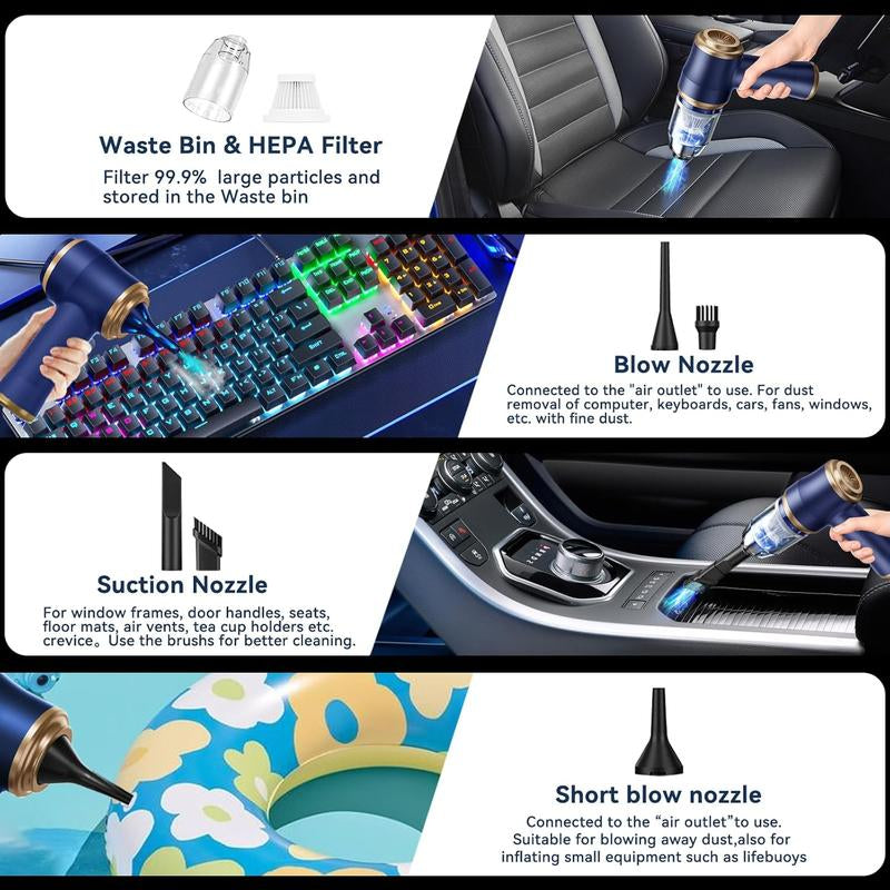 BELBUY Handheld Car Vacuum Cleaner, 1900Opa Vacuumcleaner and Air Gun, 120W High-Power Wireless Handheldcar Vacuum Cleaner, Equipped with Two Filters and Multiplenozzles,Suitable for Cars, Homes, Offices, and Pets.
