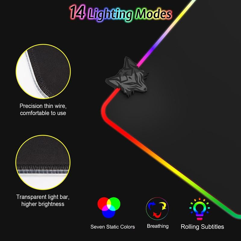 Gaming Mouse Pad with 14 Lighting Modes, Large Size RGB Lighting Gaming Mouse Pad, Gaming Game Table Mat, Non-Slip Desk Mat for Home Office Game Room Use