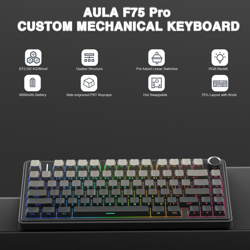 AULA F75 Pro Mechanical Keyboard RGB Backlit 2.4G Wireless Bluetooth Gaming Keyboard for Gamers Gaming PC Accessories Gasket Custom Creamy Keyboard