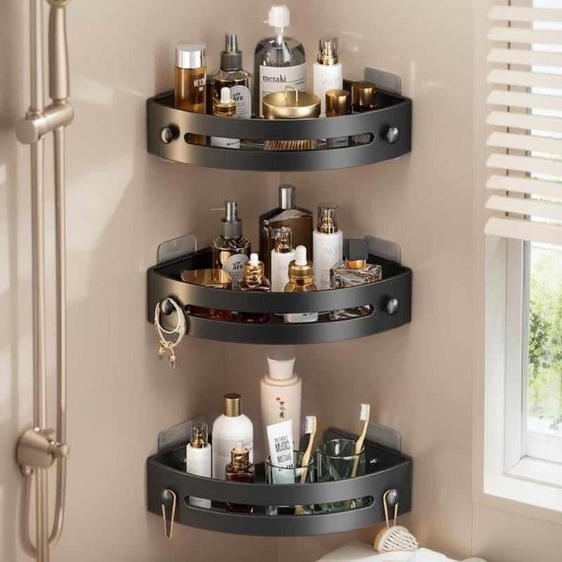 3-Pack Plastic Black Triangle Shower Caddy, 3-Tier Corner Shelves Shower Storage Rack, Drill Free Wall Mountshower Organizer, 40Lbs Load Capacity Bathroomaccessories Towels Hook Toiletries