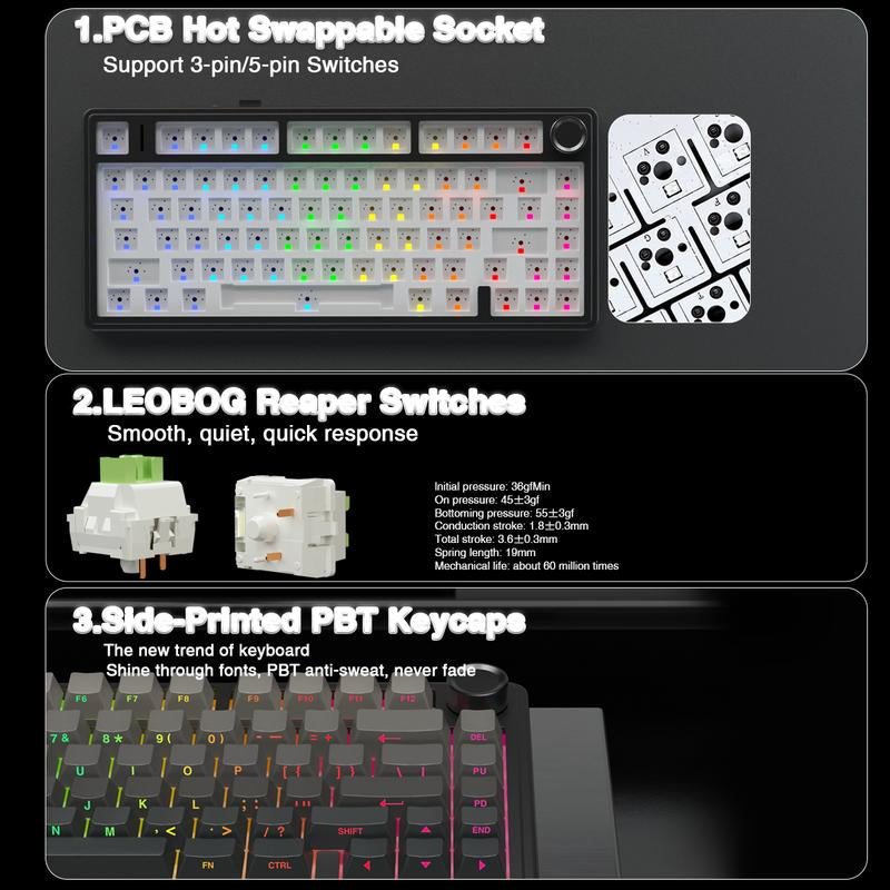AULA F75 Pro Mechanical Keyboard RGB Backlit 2.4G Wireless Bluetooth Gaming Keyboard for Gamers Gaming PC Accessories Gasket Custom Creamy Keyboard