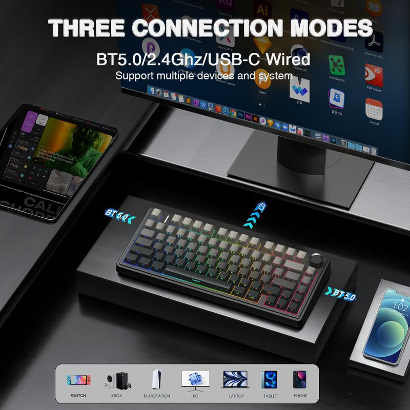 AULA F75 Pro Mechanical Keyboard RGB Backlit 2.4G Wireless Bluetooth Gaming Keyboard for Gamers Gaming PC Accessories Gasket Custom Creamy Keyboard