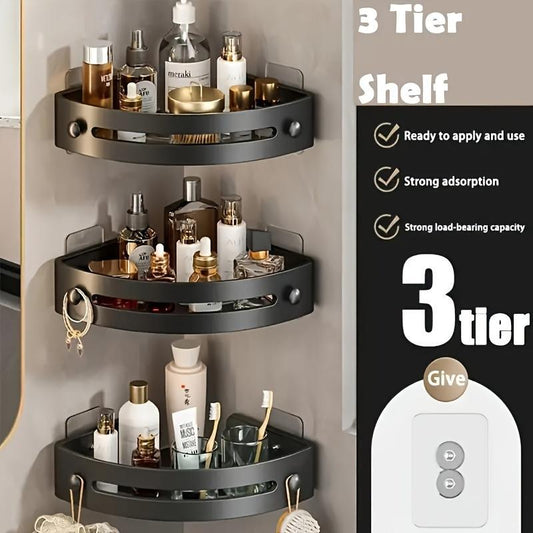 3-Pack Plastic Black Triangle Shower Caddy, 3-Tier Corner Shelves Shower Storage Rack, Drill Free Wall Mountshower Organizer, 40Lbs Load Capacity Bathroomaccessories Towels Hook Toiletries