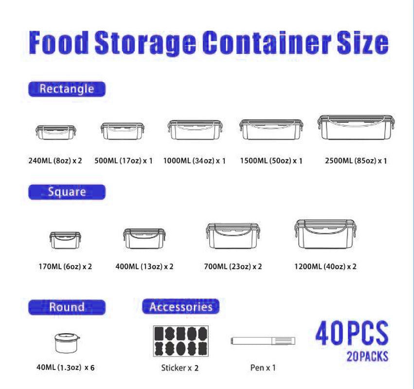 40 PCS Airtight Food Storage Containers Set (20 Containers + 20 Lids), Leakproof, Reusable, Microwave & Dishwasher Safe, with Labels & Pen